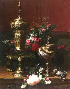 Jean Baptiste Robie - A still life with a german cup, a nautilus cup, a goblet an