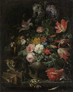 Abraham Mignon (Minjon) - Flower still life with cat and mouse trap