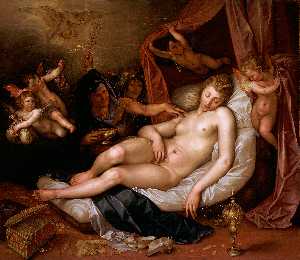 Hendrik Goltzius - Danae receiving Jupiter as a shower of gold. Alternative titles The Sleeping Danae Being Prepared to Receive Jupiter Danaë