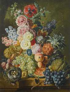 Paul Theodor Van Brussel - Still life of fruits and flowers together with a bird-s nest arranged upon a stone ledge