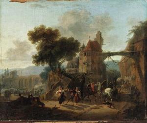 Nicolas Antoine Taunay - Villagers dancing by a gatehouse, an aqueduct beyond