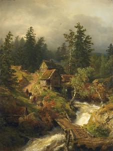 Andreas Achenbach - Mountainous Landscape With Stream And Watermill