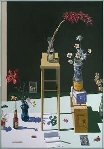 Paul Wonner - -Dutch- Still Life with Orchids, Postcard View of Paris, and -Death of Marat-
