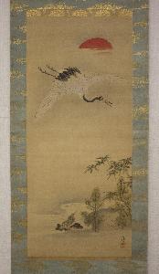 Kano Chikanobu - Crane, Tortoise, Pine, and Bamboo under a Rising Sun