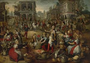 Joachim Beuckelaer - Marketplace, with the Flagellation, the Ecce Homo and the Bearing of the Cross in the background, Joachim Bueckelaer (copy after), 1550 - 1590