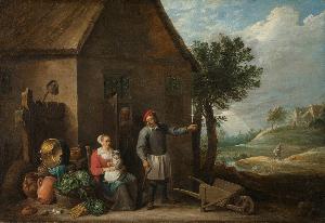 David Teniers The Elder - Husbandman at a Cottage Door with a Seated Woman and Child, David Teniers (II), c. 1650 - c. 1655