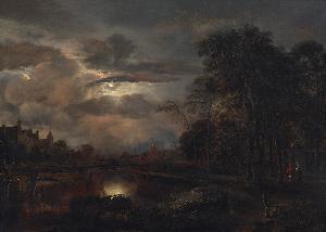 Aert Van Der Neer - Moonlit Landscape with Bridge