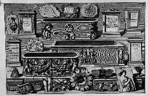 Giovanni Battista Piranesi - The Roman antiquities, t. 3, Plate XXVIII. Stones, sarcophagi and other objects found in burial chambers above.