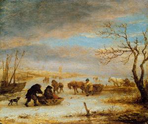 Isaac Van Ostade - Frozen Ice Landscape with Carriages and Boats