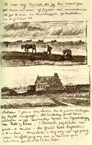 Vincent Van Gogh - Plowman with Stooping Woman, and a Little Farmhouse with Piles of Peat
