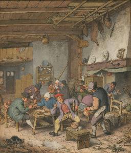 Adriaen Van Ostade - Room in an Inn with Peasants Drinking, Smoking and Playing Backgam, 1678