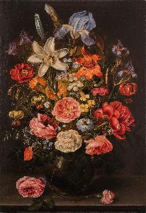 Clara Peeters - A Still Life of Lilies, Roses, Iris, Pansies, Columbine, Love-in-a-Mist, Larkspur and Other Flowers in a Glass Vase on a Table Top, Flanked by a Rose and a Carnation
