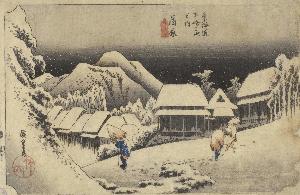 Utagawa Hiroshige - Kanbara, Night Snow
