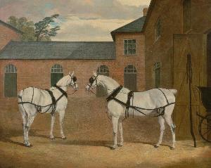 John Frederick Herring Ii - Grey carriage horses in the coachyard at Putteridge Bury, Hertfordshire
