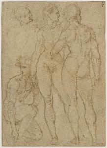 Raphael Coxcie - Four naked men, one half kneeling, two others standing in the foreground and the fourth in the background carrying a shield