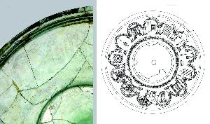 Danish Unknown Goldsmith - Detail of a large plate with engraved symbols, blown glass from the Jewish necropolis, Drawing by N. Avigad