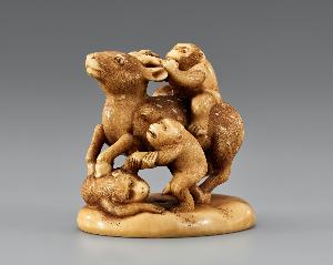 Ikkosai (Japanese) - Three Monkeys Playing with Deer