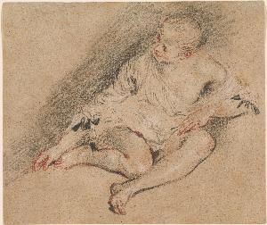 Jean Antoine Watteau - Young Woman Wearing a Chemise. Verso: various slight sketches in red chalk, including a sketch of a foot