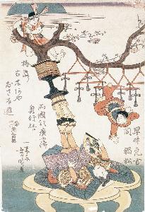 Utagawa Yoshiyasu - Acrobatics on a Plum Tree