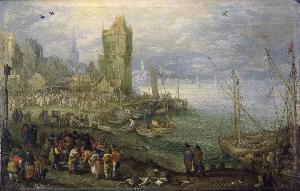 Jan Brueghel The Elder - Fish market in front of a town