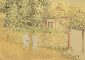 Kawai Yoshisaburō - Korean Gentlemen Chatting beneath Willow Tirees