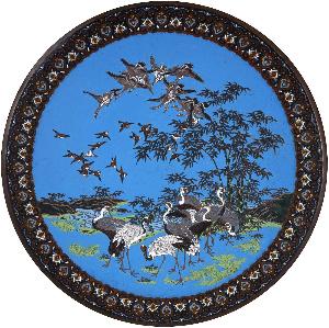 Danish Unknown Goldsmith - Large Dish with Design of Cranes, cloisonné