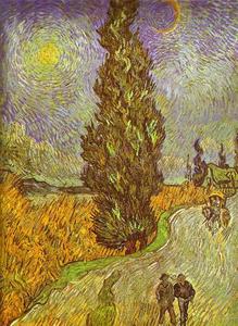Vincent Van Gogh - Road with Man Walking, Carrige, Cypress, Star and Crescend Moon