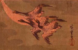 Ando Hiroshige - Wild Geese Flying Across a Crescent Moon