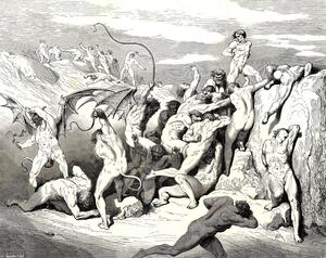 Paul Gustave Doré - The Inferno, Canto 18, line 38. Ah! how they made them bound at the first stripe!