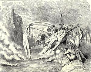 Paul Gustave Doré - The Inferno, Canto 21, lines 50-51. This said, They grappled him with more than hundred hooks