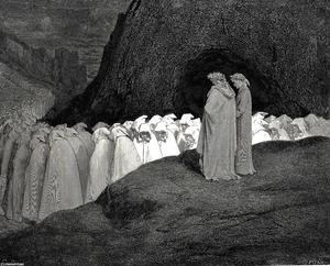 Paul Gustave Doré - The Inferno, Canto 23, lines 92-94. “Tuscan, who visitest The college of the mourning hypocrites, Disdain not to instruct us who thou art.”