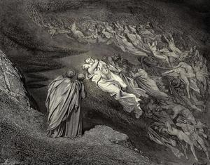 Paul Gustave Doré - The Inferno, Canto 5, lines 105-106. -Love brought us to one death. Caina waits The soul, who spilt our life.-