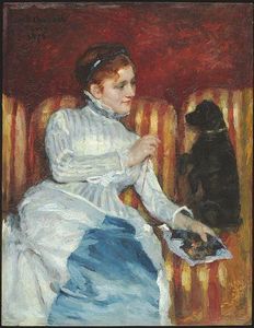 Mary Stevenson Cassatt - Woman on a Striped Sofa with a Dog