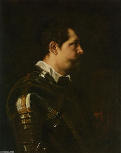 Anthony Van Dyck - Portrait of a Military Commander bust length in Profile in Damascened armour with white collar and red sash
