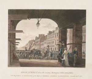 Thomas Birch - High Street, from the country marketplace Philadelphia. with the procession in commemoration of the death of General George Washington 1