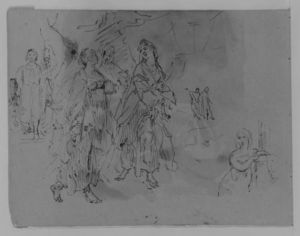Thomas Sully - Seven Figures. Advancing Monarch, Three Promenading Women, Half-length Woman Leaning on a Mantelpiece