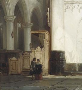 Cornelis Springer - Church interior with an elegant couple