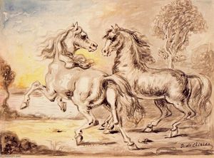 Giorgio De Chirico - Two horses in a town