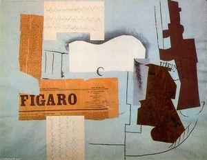 Pablo Picasso - Guitarra, periódico, vaso y botella