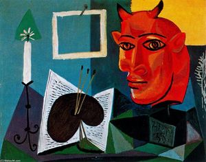 Pablo Picasso - Naturaleza muerta con vela, paleta y cabeza de minotauro roja