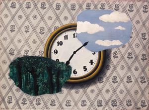Rene Magritte - Composition with clock, sky and forest
