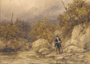 David Cox - A Fisherman At The Edge Of A River, North Wales
