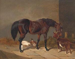 John Frederick Herring Senior - A bay horse with a goat and ducks