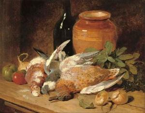 John Frederick Herring Senior - Still life of dead birds, fruit, vegetables, a bottle and a jar
