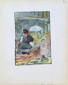 Maurice Brazil Prendergast - A mother sitting at the edge of a pond with her baby and a young daughter