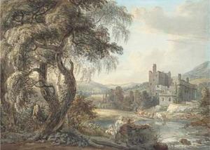 Paul Sandby - A wooded river landscape with figures and cattle, a castle beyond