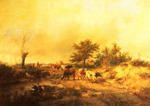 Thomas Sidney Cooper - Near Canterbury. a Boy on a Donkey driving Cattle along a Road, the Cathedral beyond