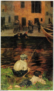 Giovanni Segantini - Canal Naviglio with Two Fishing Boys