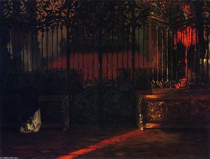 Adolph Menzel - Church Interior with Woman at Prayer, before a Rococo Iron Grille