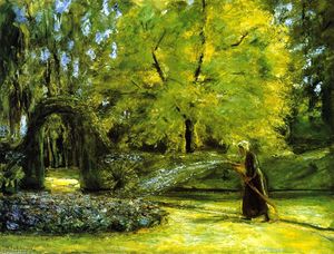 Max Liebermann - The Circular Bed in the Hedge Garden with a Woman Watering flowers